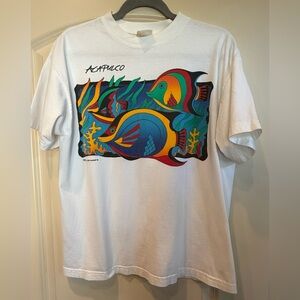 White Graphic Acapulco Tee,Colorful Fish Design Sz M designed by Peter Mussfelt